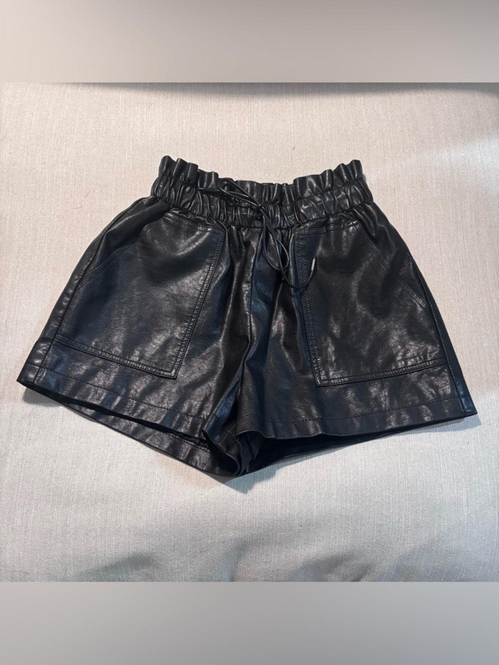 Women’s Black Faux Leather Paperbag High Waisted Shorts - Small